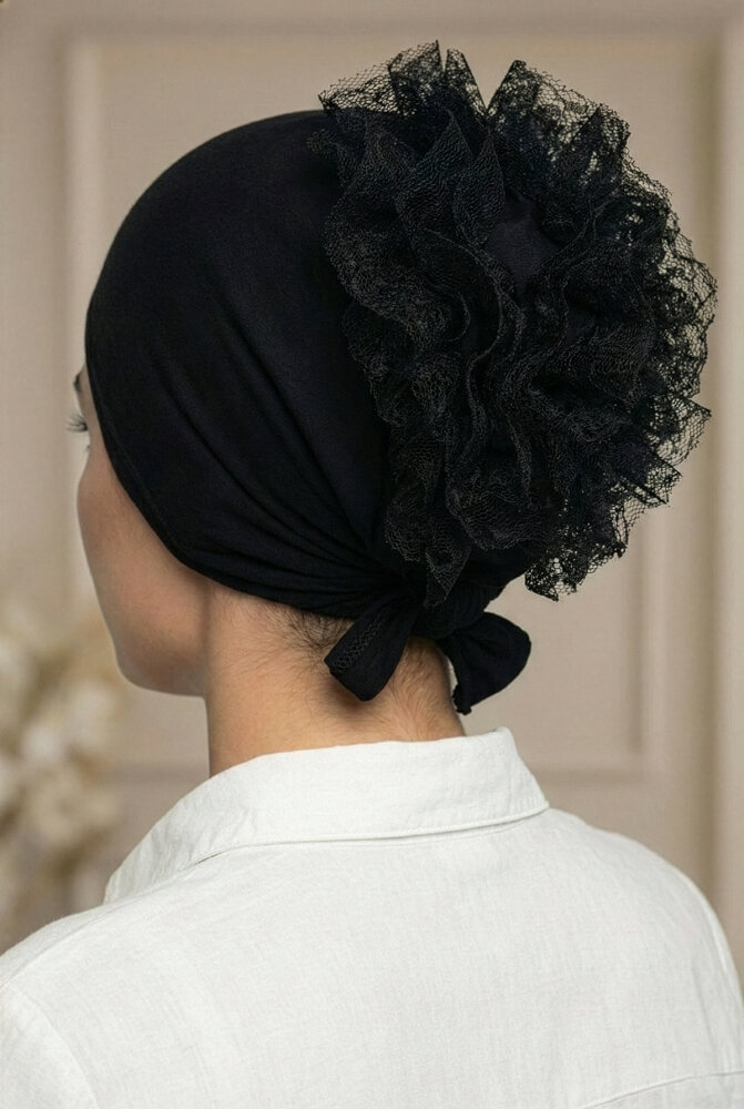 Siyah Türban Tesettür Dikişli Fırfırlı Bone - 3