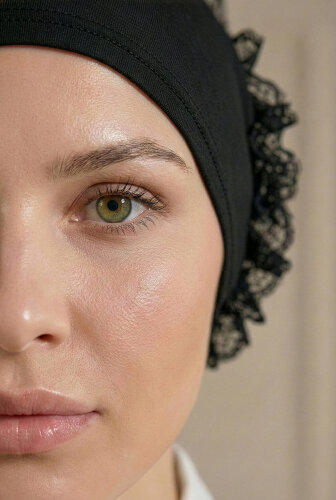 Siyah Türban Tesettür Dikişli Fırfırlı Bone (1)