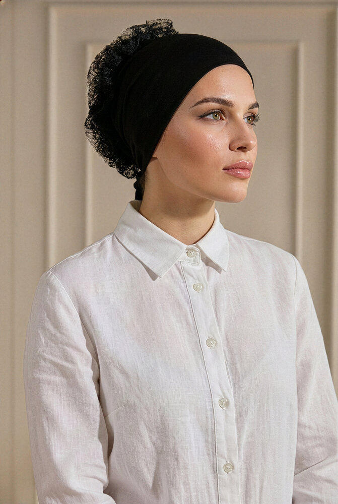 Siyah Türban Tesettür Dikişsiz Fırfırlı Bone - 1