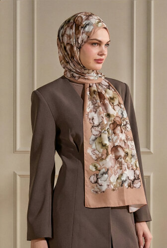 Somon Mermer Bulutu Desenli Fransız İpeği Şal