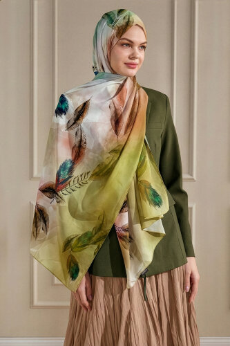 Yağ Yeşili Kehribar Tüyü Desenli Fransız İpeği Şal